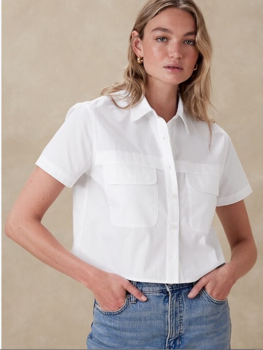 Banana Republic White Cropped Button-Down Shirt with Double Pockets